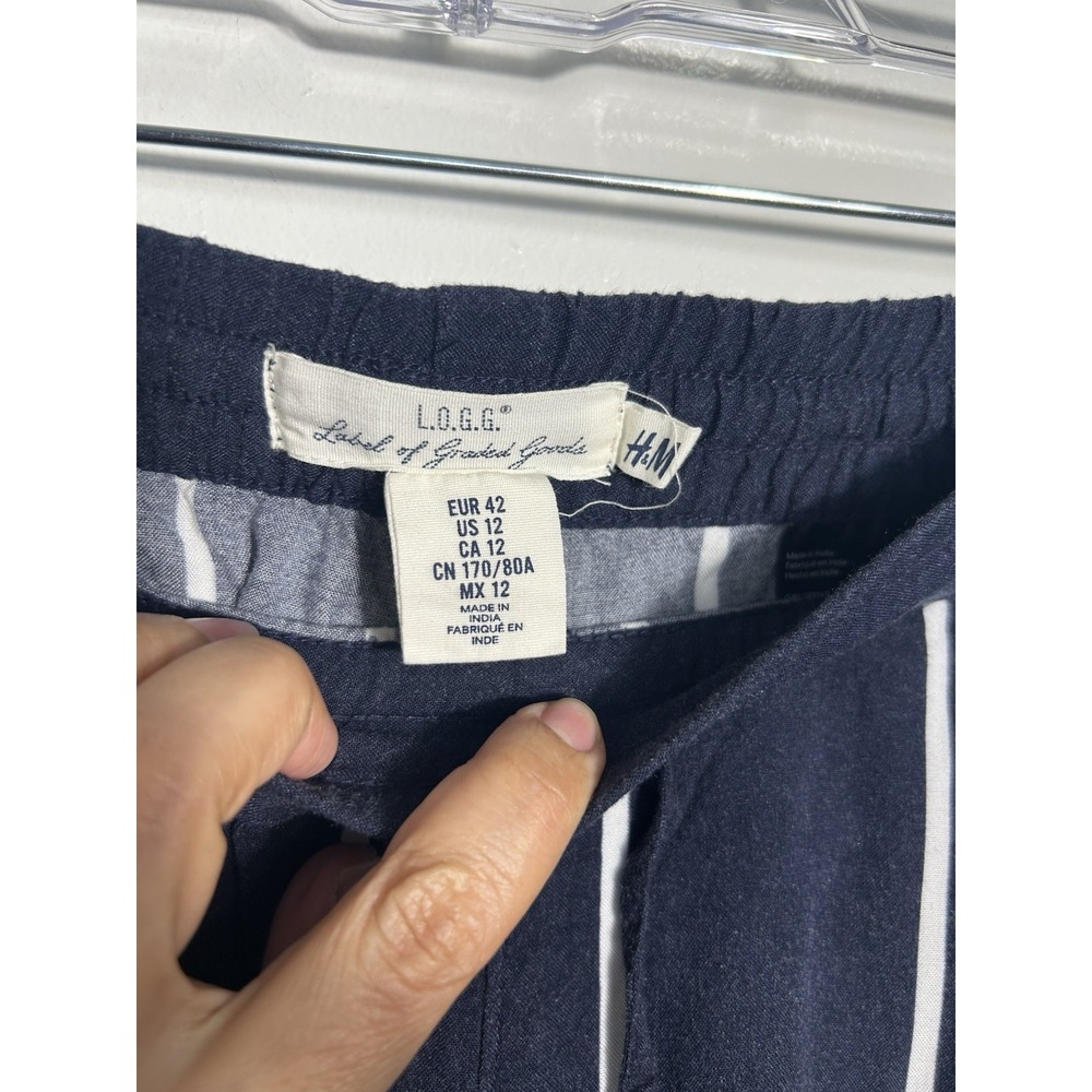 H&M L.O.G.G. Women's Navy Blue White Striped Wide Leg Linen Blend Pants Size 12 - Picture 3 of 9